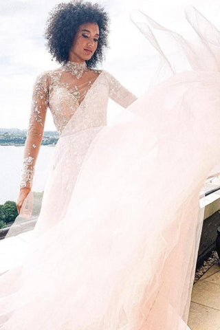 High neck Elegant Lace Long sleeves Wedding Dress