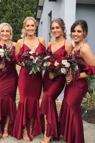 High Low Mermaid Burgundy Bridesmaid Dress VMB56
