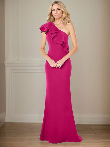A-line One Shoulder Floor-Length Chiffon Mother of the Bride Dress With Ruffles