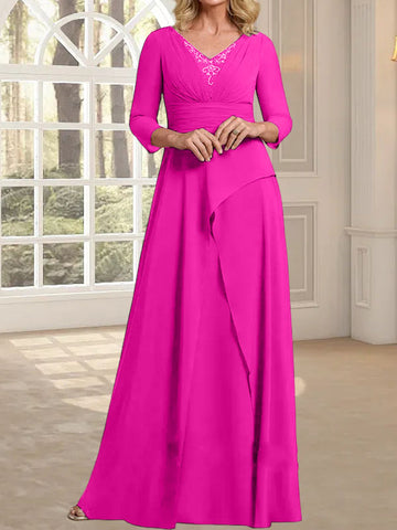 A-line V-Neck Floor-Length Chiffon Mother of the Bride Dress With Pleated Beading
