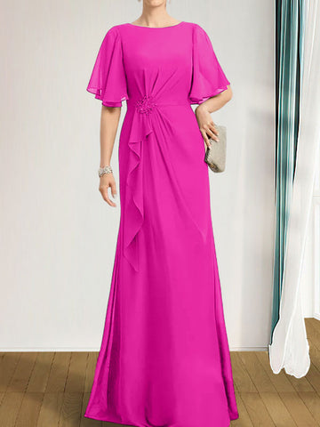 A-line Scoop Floor-Length Chiffon Mother of the Bride Dress With Cascading Ruffles Beading Sequins