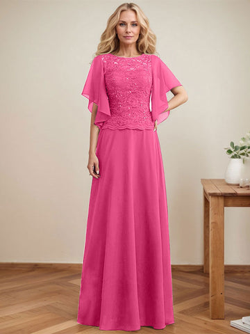 A-line Scoop Illusion Floor-Length Lace Chiffon Mother of the Bride Dress With Sequins