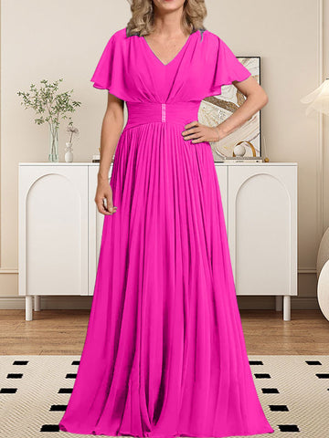 A-line V-Neck Floor-Length Chiffon Mother of the Bride Dress With Crystal Brooch Pleated