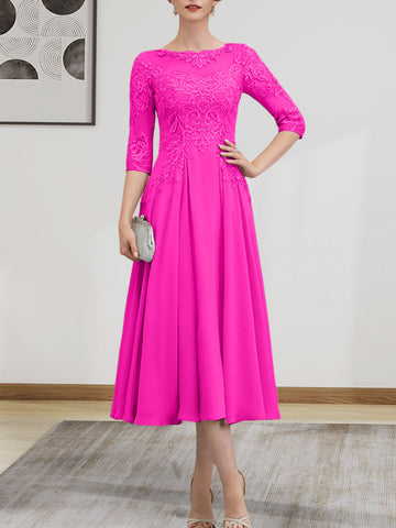 A-line Scoop Illusion Tea-Length Chiffon Lace Mother of the Bride Dress With Beading Sequins