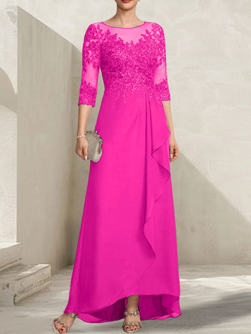 A-line Scoop Illusion Asymmetrical Lace Chiffon Mother of the Bride Dress With Sequins Cascading Ruffles