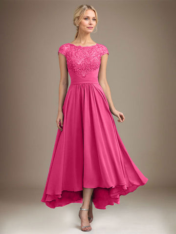 A-line Scoop Illusion Asymmetrical Lace Chiffon Mother of the Bride Dress With Pleated