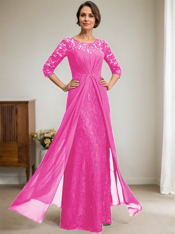 A-Line Scoop Illusion Floor-Length Lace Chiffon Mother Of the Bride Dress With Beading Ruffles
