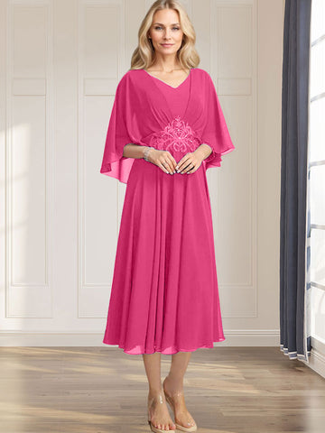 A-line V-Neck Tea-Length Chiffon Mother of the Bride Dress With Pleated Sequins Appliques Lace Beadind