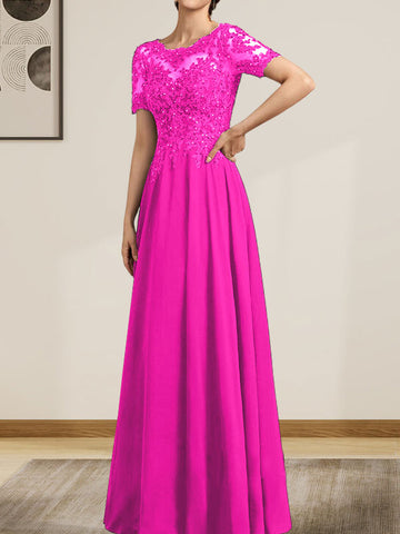 A-line Scoop Illusion Floor-Length Chiffon Lace Mother of the Bride Dress With Sequins Beading