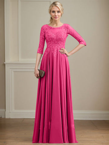 A-line Scoop Illusion Floor-Length Lace Chiffon Mother of the Bride Dress With Sequins