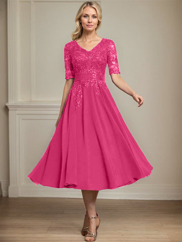 A-line V-Neck Tea-Length Lace Chiffon Mother of the Bride Dress With Sequins