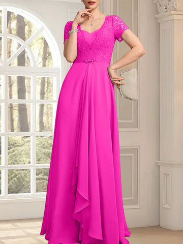 A-line Sweetheart Floor-Length Chiffon Lace Mother of the Bride Dress With Beading Cascading Ruffles