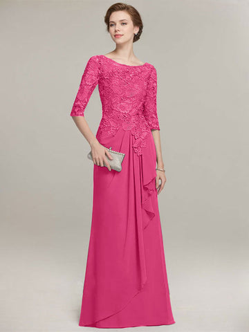 A-line Scoop Illusion Floor-Length Lace Chiffon Mother of the Bride Dress With Cascading Ruffles