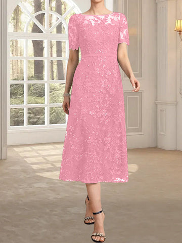 A-line Scoop Illusion Tea-Length Lace Mother of the Bride Dress With Sequins