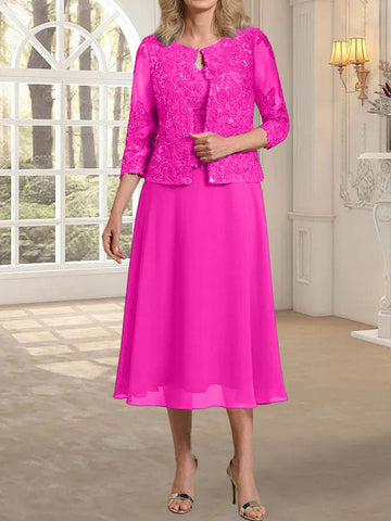 A-line Scoop Tea-Length Lace Chiffon Mother of the Bride Dress With Sequins