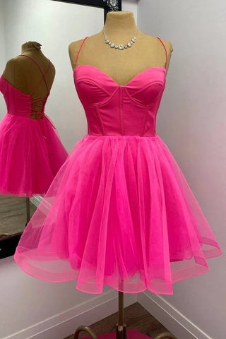 Robe de soirée courte rose fuchsia trapèze PD533