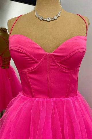 Robe de soirée courte rose fuchsia trapèze PD533