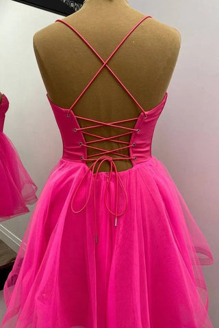 Robe de soirée courte rose fuchsia trapèze PD533