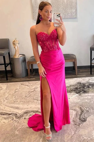 Satin Mermaid Strapless Lace Appliques Prom Dresses With Slit