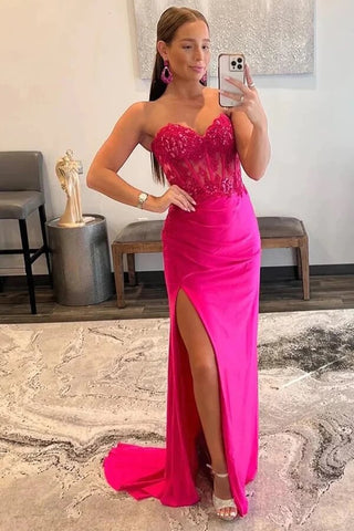 Satin Mermaid Strapless Lace Appliques Prom Dresses With Slit
