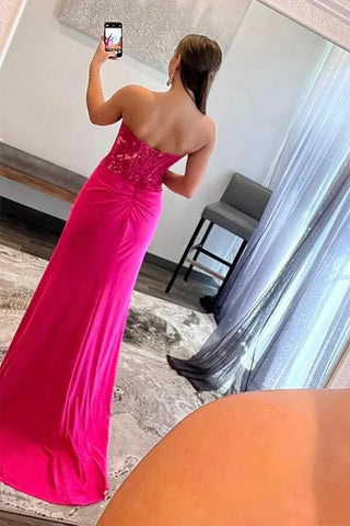 Satin Mermaid Strapless Lace Appliques Prom Dresses With Slit