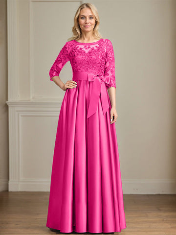 A-line Scoop Illusion Floor-Length Satin Lace Mother of the Bride Dress With Sequins Bow