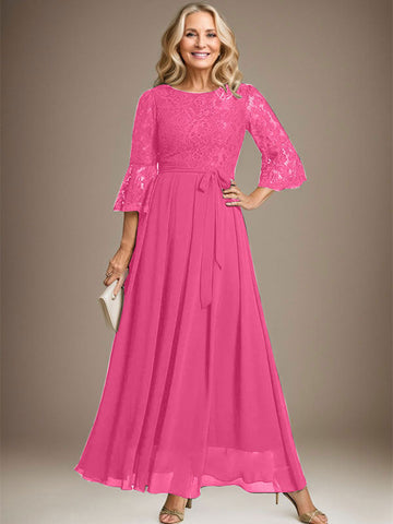 A-line Scoop Ankle-Length Lace Chiffon Mother of the Bride Dress With Bow