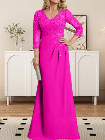 Sheath/Column V-Neck Illusion Floor-Length Lace Chiffon Mother of the Bride Dress With Pleated Sequins
