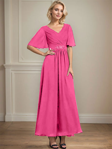 A-line V-Neck Ankle-Length Chiffon Mother of the Bride Dress With Pleated Beading Sequins