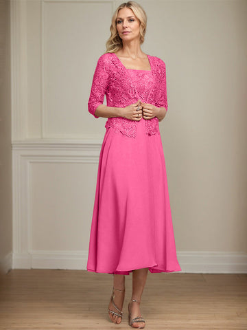 A-line Square Tea-Length Chiffon Lace Mother of the Bride Dress With Sequins Beading