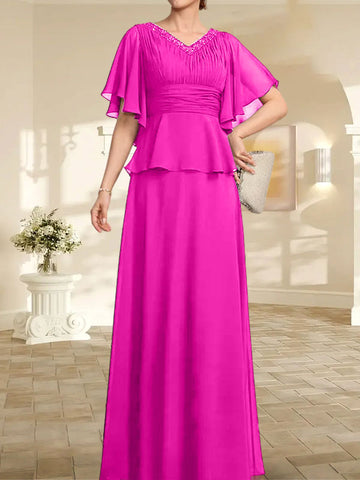 A-line V-Neck Floor-Length Chiffon Mother of the Bride Dress With Pleated Beading
