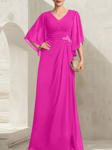 Sheath/Column V-Neck Floor-Length Chiffon Mother of the Bride Dress With Pleated Sequins Beading