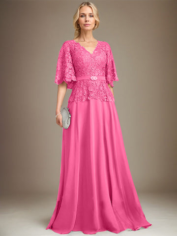 A-line V-Neck Floor-Length Chiffon Lace Mother of the Bride Dress With Crystal Brooch Rhinestone