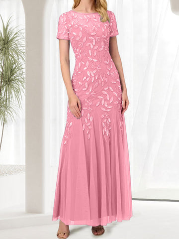 Vestido largo azul de sirena con cuello redondo para la madre de la novia con pedrería