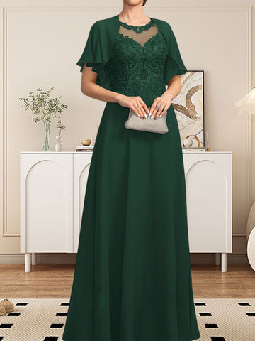 A-line Scoop Illusion Floor-Length Lace Chiffon Mother of the Bride Dress With Sequins