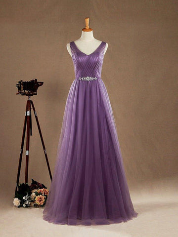 Robe de demoiselle d'honneur trapèze en tulle, col en V, longueur au sol, croisée avec perles 
