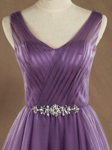 Robe de demoiselle d'honneur trapèze en tulle, col en V, longueur au sol, croisée avec perles 