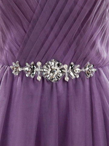 Robe de demoiselle d'honneur trapèze en tulle, col en V, longueur au sol, croisée avec perles 