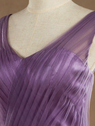 Robe de demoiselle d'honneur trapèze en tulle, col en V, longueur au sol, croisée avec perles 