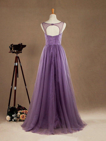 Robe de demoiselle d'honneur trapèze en tulle, col en V, longueur au sol, croisée avec perles 