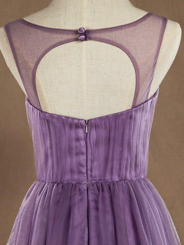 Robe de demoiselle d'honneur trapèze en tulle, col en V, longueur au sol, croisée avec perles 