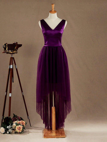 Robe de demoiselle d'honneur en tulle et satin assortis, col en V, ourlet asymétrique 