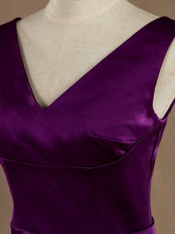 Robe de demoiselle d'honneur en tulle et satin assortis, col en V, ourlet asymétrique 