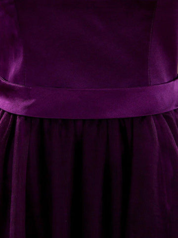 Robe de demoiselle d'honneur en tulle et satin assortis, col en V, ourlet asymétrique 