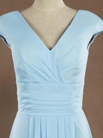 Vestido de dama de honor de gasa con escote en V, largo hasta el suelo y mangas cortas 