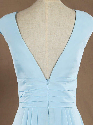 Vestido de dama de honor de gasa con escote en V, largo hasta el suelo y mangas cortas 