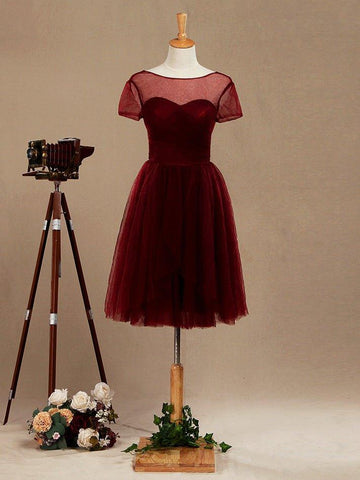 A-Line Knee Length Tulle Short Sleeves Bridesmaid Dress with See Through Bateau Neckline