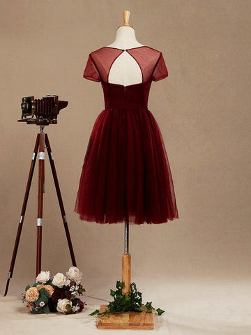 A-Line Knee Length Tulle Short Sleeves Bridesmaid Dress with See Through Bateau Neckline