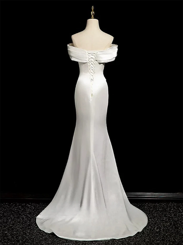 Robe de soirée longue blanche en satin satiné, style sirène, épaules dénudées, modèle Y8047
