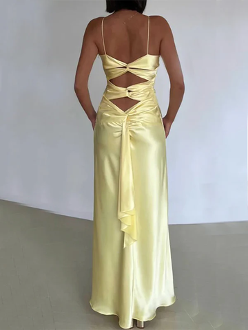 Robe de soirée jaune simple en satin à col en V et coupe trapèze Y8551